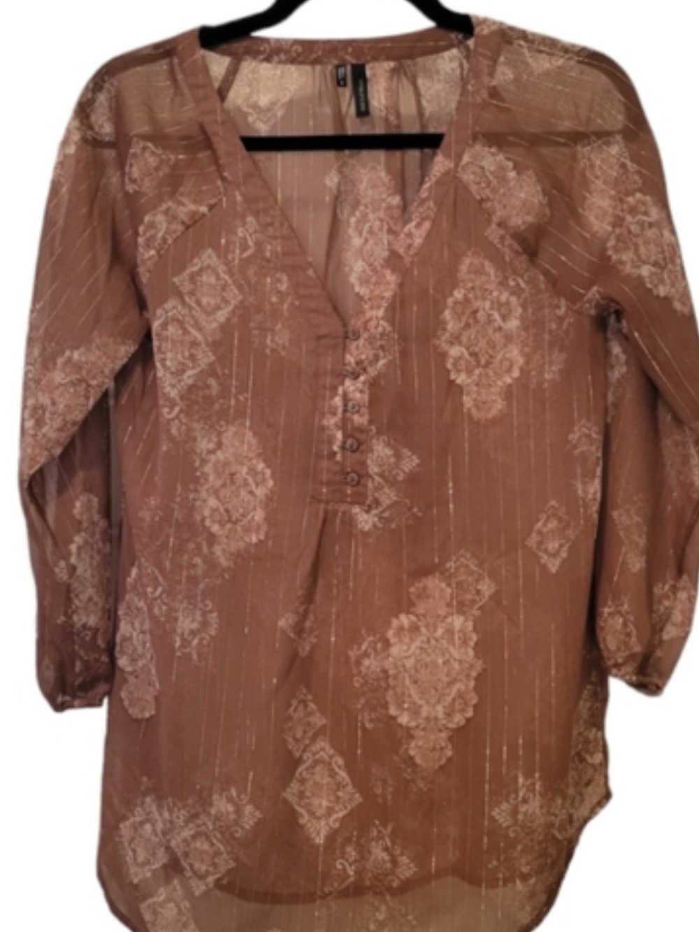 Maurices Dusty Rose Print V-Neck Sheer And Metallic Tunic, Sz M